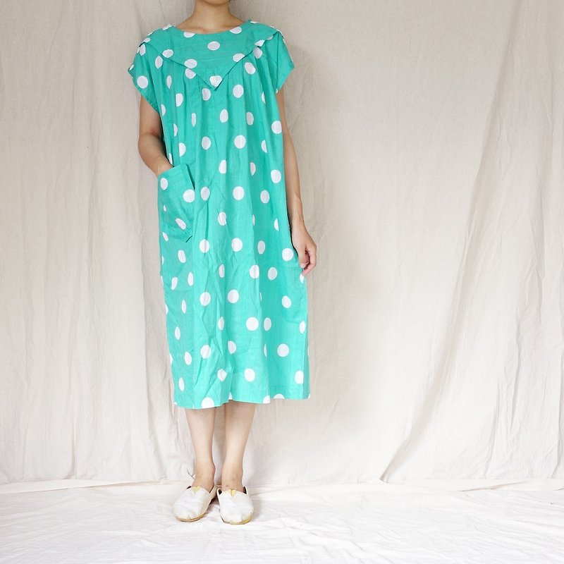 BajuTua/古著/湖水綠 水玉點落肩連身裙 - 洋裝/連身裙 - 棉．麻 綠色