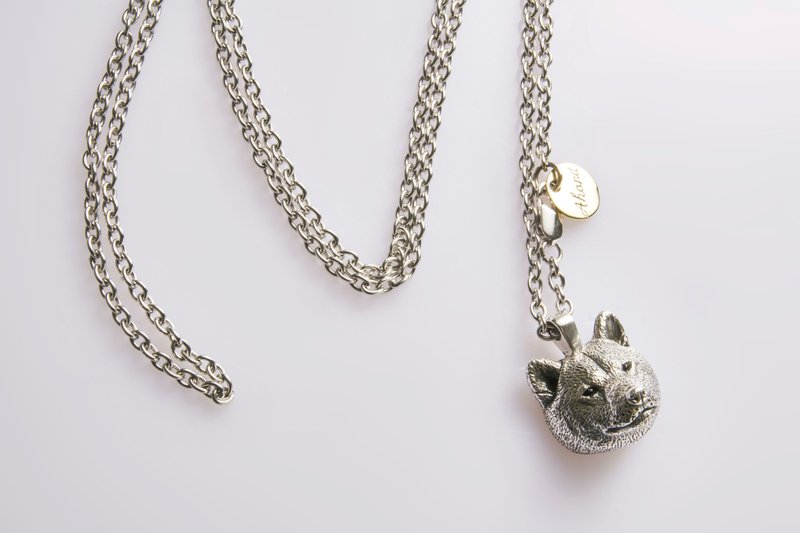 Sterling Silver Big Head Shiba Inu Necklace - Necklaces - Silver Silver