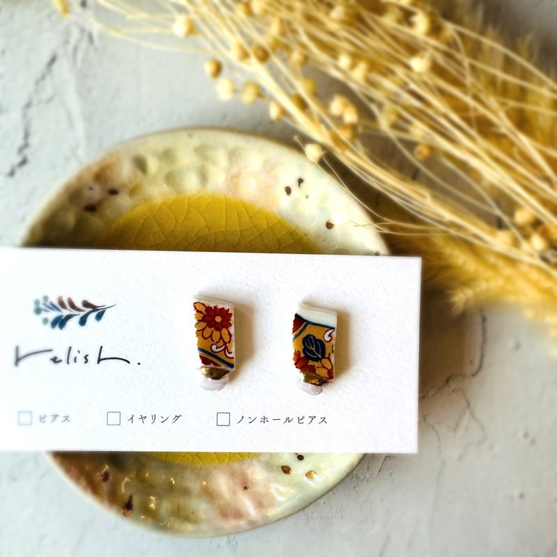 Kintsugi Arita ware Natural stone Clip-On Non-pierced earrings Milky Kunzite Gold Purple Yellow Navy Red White - Earrings & Clip-ons - Pottery Yellow