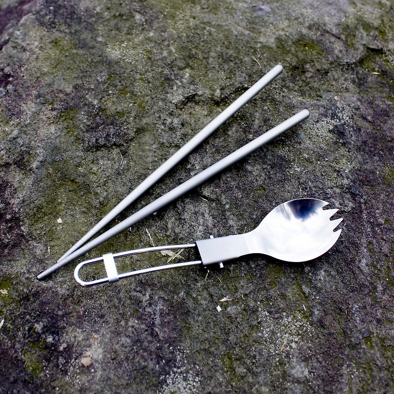 純淨無毒鈦餐具 折疊匙叉筷組 - 筷子/筷子架 - 其他金屬 銀色