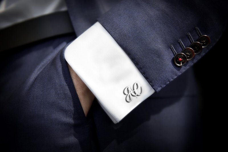 初始袖扣鈕扣 - 男士结婚袖扣 结婚袖扣 - 個性化袖扣刻有首字母 - 袖口鈕 - 純銀 銀色