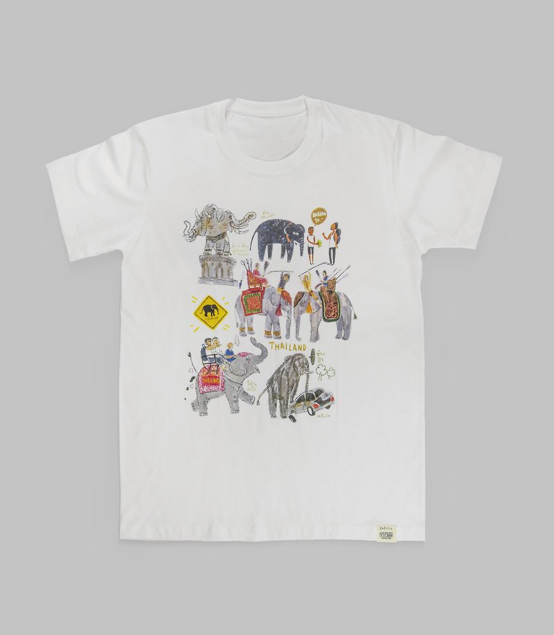 t shirt print  elephant - 男 T 恤 - 棉．麻 白色