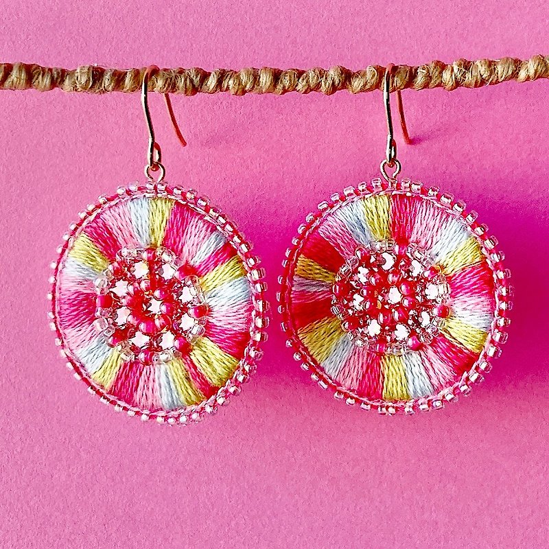 Embroidered fireworks earrings with peony and hypoallergenic metal fittings - ต่างหู - งานปัก หลากหลายสี