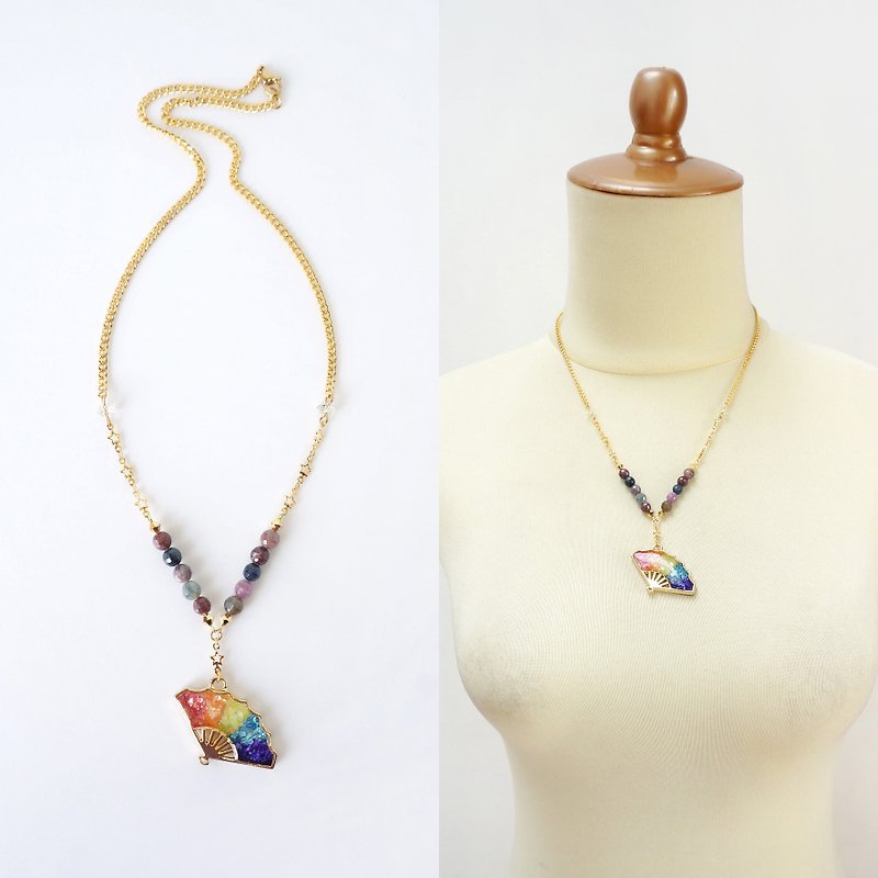 Rainbow Sapphire Gems with Colorful Fan Necklace, September Birthstone Jewelry - สร้อยคอ - เครื่องเพชรพลอย หลากหลายสี