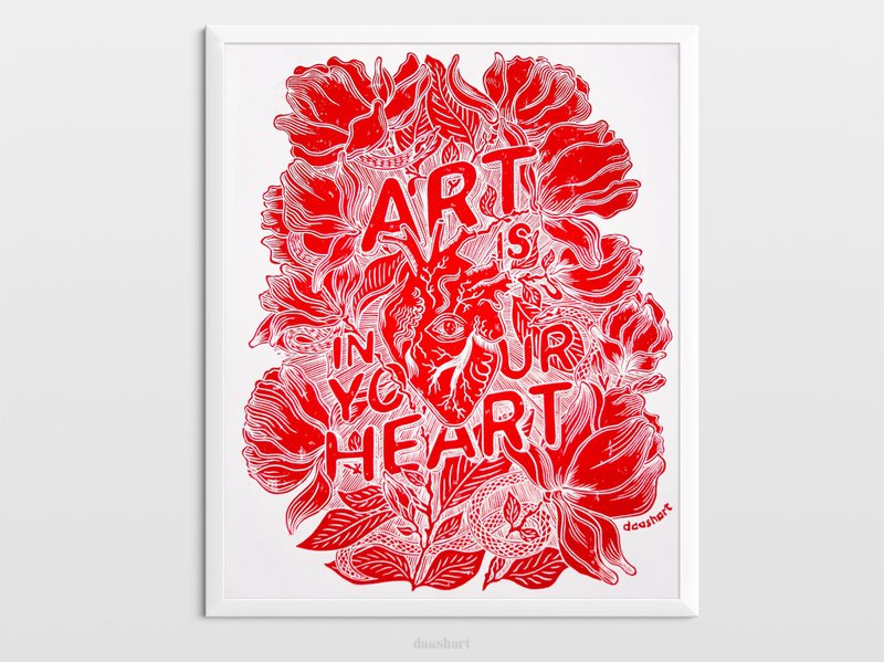 Art is in your heart Red magnolias flowers wall Linocut print Original artwork - 海報/掛畫 - 紙 紅色