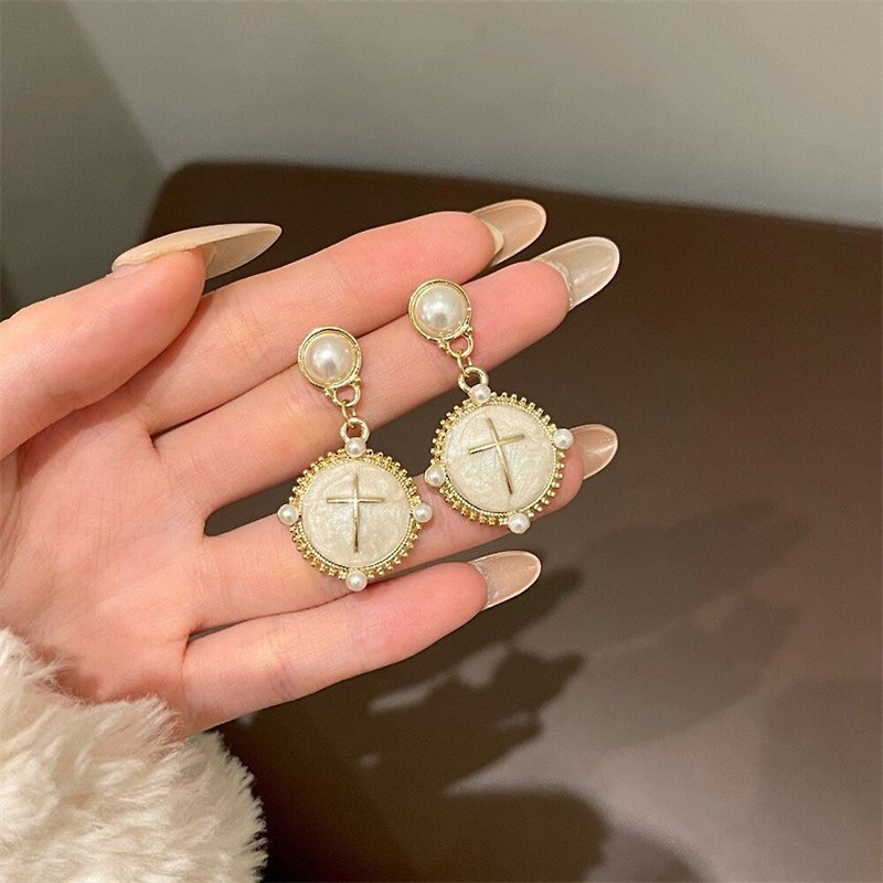 【SoLight Salt Blue】SL43 Baroque Vintage Pearl Cross Earrings - Earrings & Clip-ons - Other Materials Gold