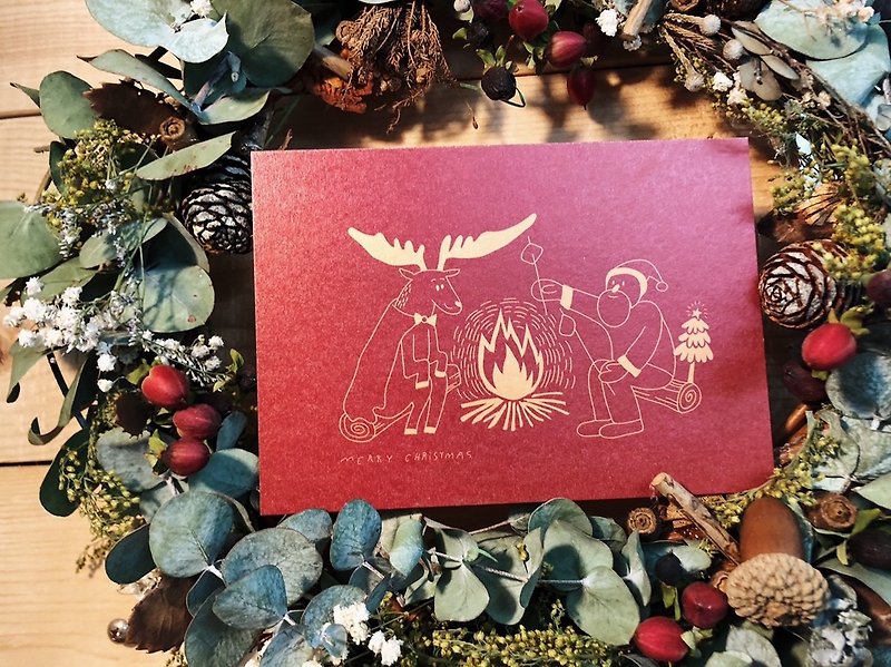 ( 2入 ) 有你真好 / 聖誕老公公與麋鹿 暖暖紅 - 聖誕明信片 - 卡片/明信片 - 紙 紅色