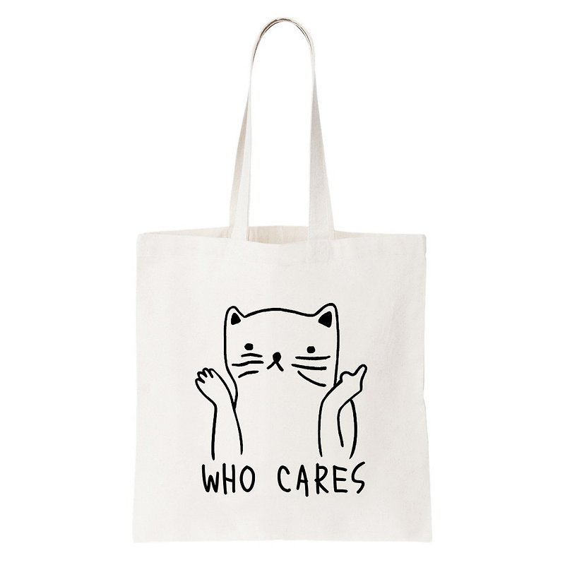 Who Cares Cat #2 帆布 文藝 環保 肩背 手提包 購物 袋 米白色 柴犬 狗 貓 毛小孩 動物 可愛 趣味 - 側背包/斜背包 - 其他材質 白色