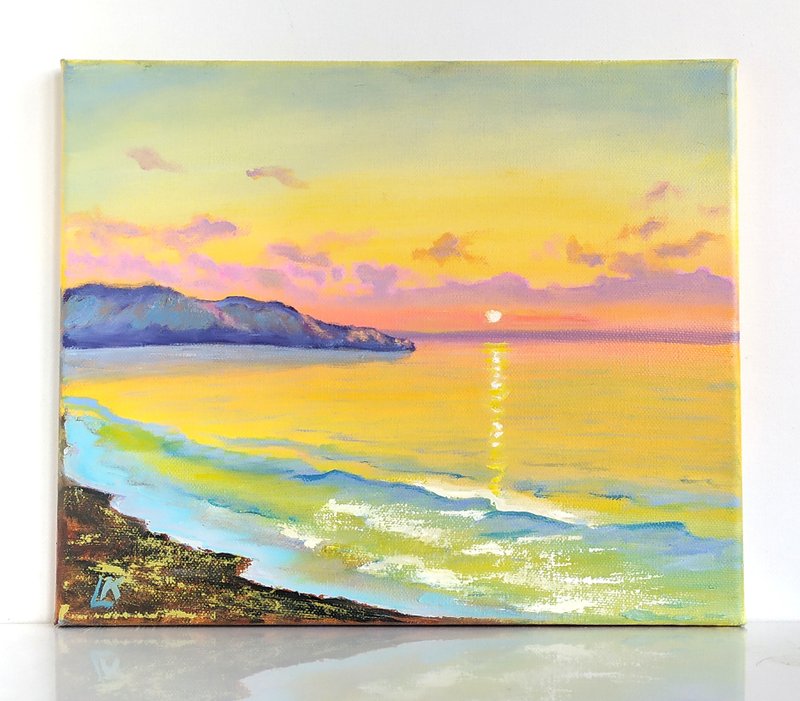 Sea Sunrise Oil Painting Sunset Beach Painting Ocean Wall Art Summer Wave Art - ตกแต่งผนัง - ผ้าฝ้าย/ผ้าลินิน 