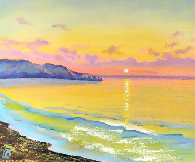 海の日の出の油絵、日没のビーチの絵画、海の壁アート、夏の波のアート - ショップ Oil Painting Gift Store ウォールデコ・壁紙  - Pinkoi