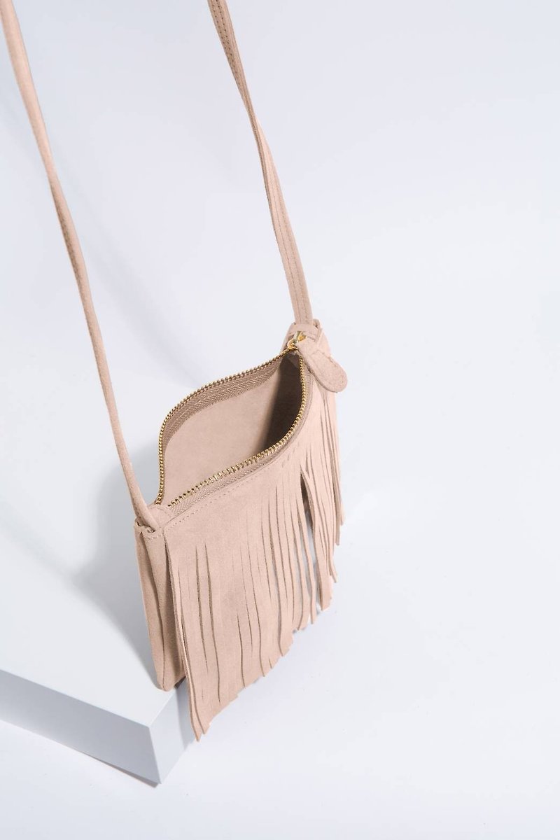 Mini fringe Piglet: Leather cross-body bag ( Pastel Pink) - Drawstring Bags - Genuine Leather Pink