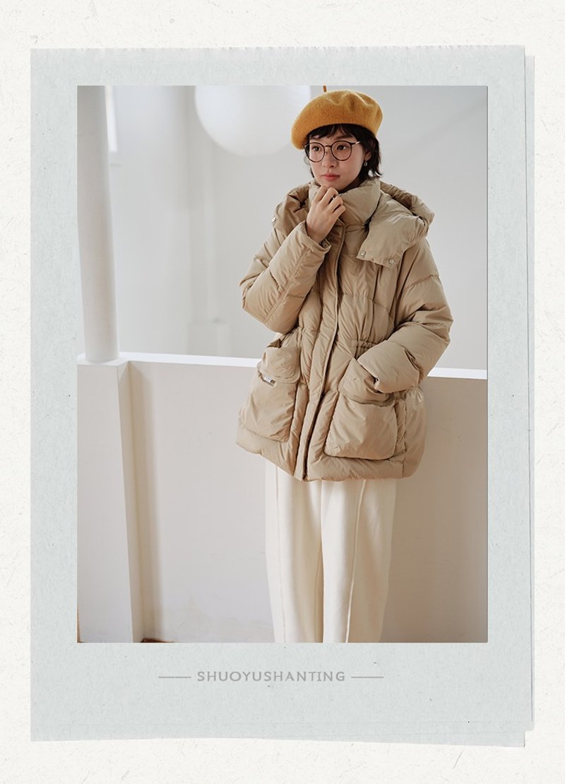 Khaki white duck down waist mid-length down jacket - เสื้อแจ็คเก็ต - วัสดุอื่นๆ หลากหลายสี