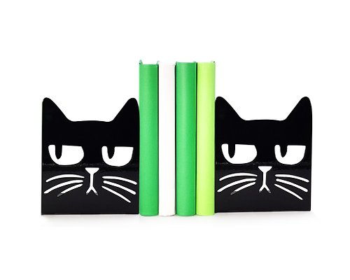 Design Atelier Article Black metal bookends Suspicious Cat, Excellent gift for Cat lovers