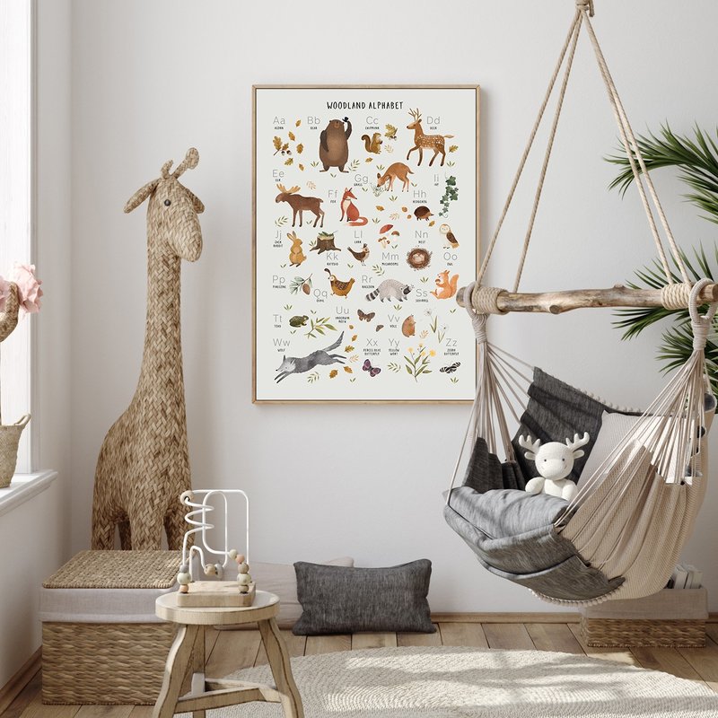 Forest Animals Alphabet-Cute Animal Alphabet Hanging Painting/Healing - โปสเตอร์ - ผ้าฝ้าย/ผ้าลินิน สีนำ้ตาล