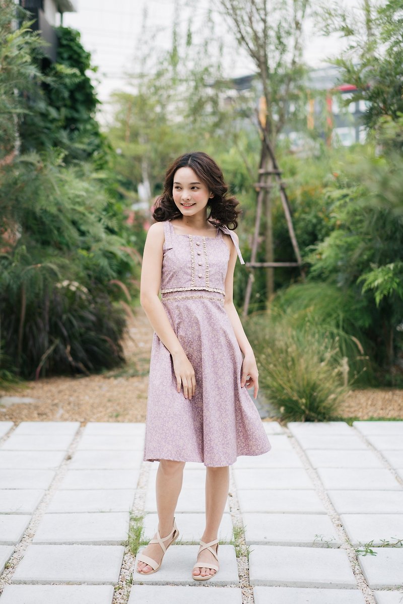 Sundress Lavender Petite Floral Dress Long Dress Tie Shoulder Henley Dress - One Piece Dresses - Cotton & Hemp Purple