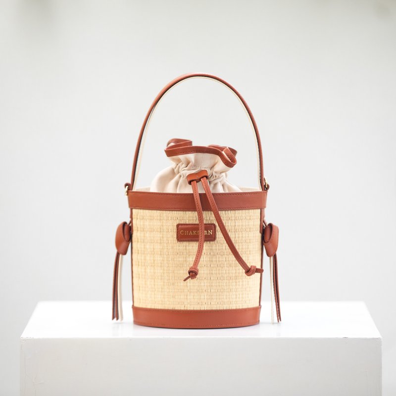 Chaksarn Mini Bucket: Natural Woven Straw with Brown Genuine Cowhide Leather - Handbags & Totes - Genuine Leather Brown