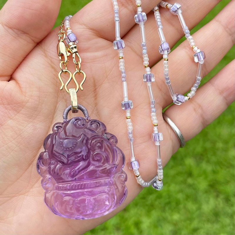 紫晶海膽花聚寶盆狐仙 x 日本珠設計款項鍊 - 項鍊 - 半寶石 