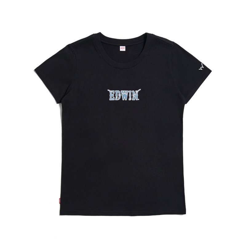 EDWIN denim LOGO short-sleeved T-shirt-women (black) #TOP - เสื้อยืดผู้หญิง - ผ้าฝ้าย/ผ้าลินิน สีดำ