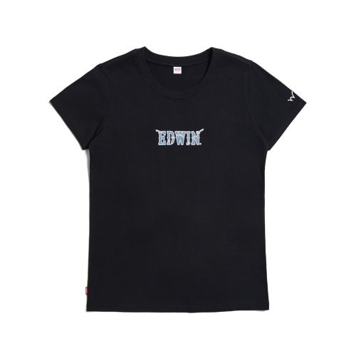 EDWIN 臺灣總代理 EDWIN 牛仔布LOGO短袖T恤-女款 (黑色) #上衣