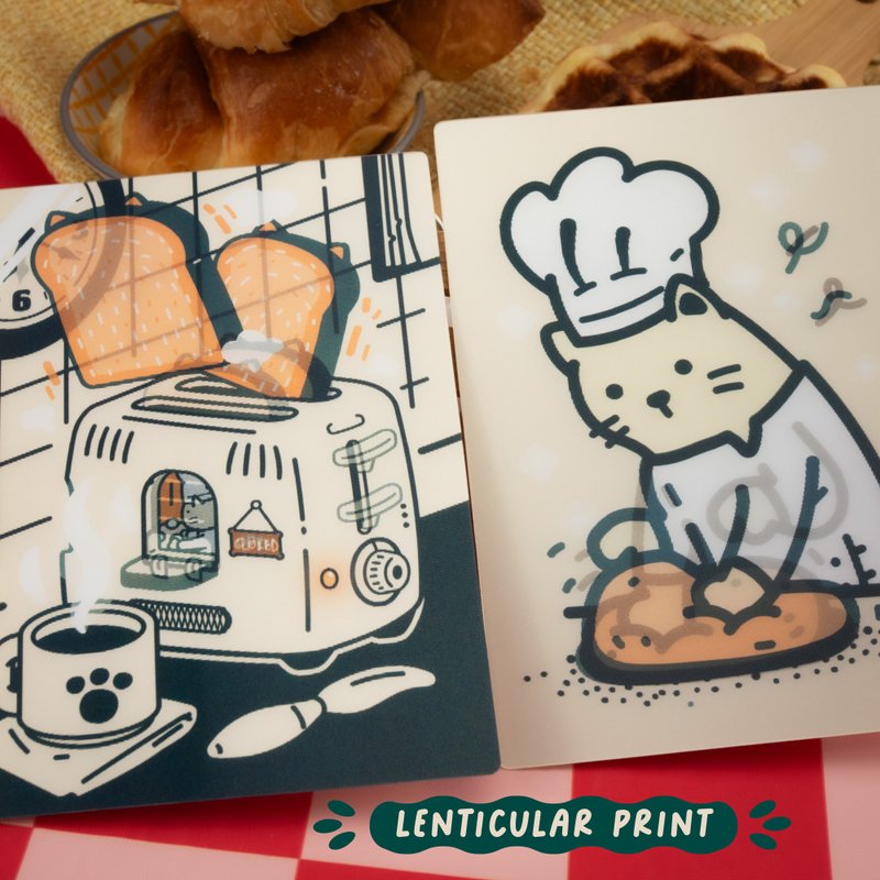 Le BaCattes Lenticular A6 Print S1 — Toaster Bakery | Kneading Cat - 卡片/明信片 - 塑膠 綠色