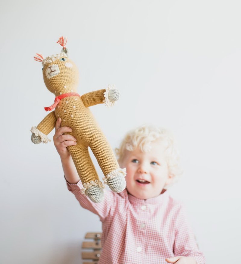 American Blabla Kids | Cotton Knitted Doll (Large) Red Scarf Brown Elk 1-04-041 - ของเล่นเด็ก - ผ้าฝ้าย/ผ้าลินิน สีกากี