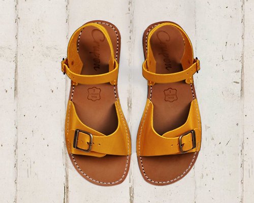 Crupon 芥末色皮革、夏季鞋、可定制涼鞋、腳形較寬、腳形較窄