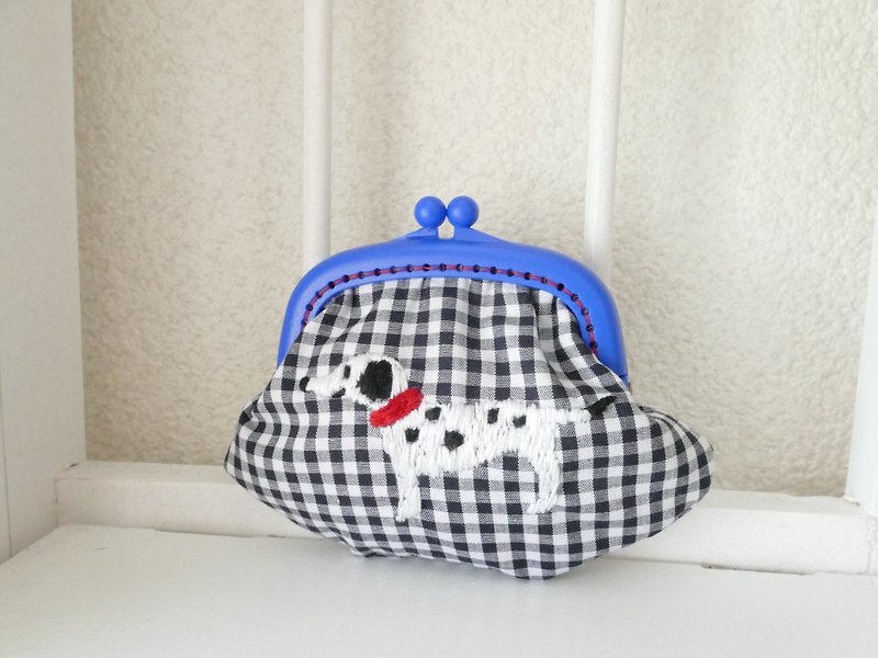 Embroidered embroidery gingham check dalmatian - Toiletry Bags & Pouches - Cotton & Hemp White