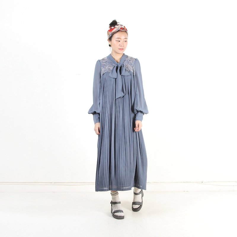 [Egg Plant Vintage] Lace Silk Printed Umbrella Vintage Dress - One Piece Dresses - Polyester Blue