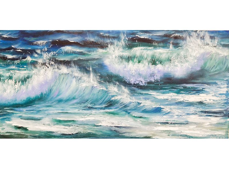 Waves Painting Ocean Original Artwork Oil Painting on Canvas 40x80 cm - โปสเตอร์ - ผ้าฝ้าย/ผ้าลินิน หลากหลายสี
