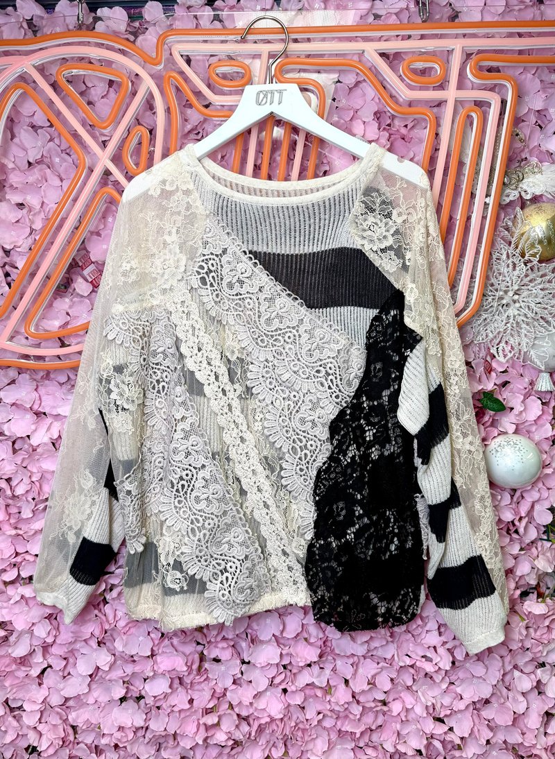 OTT獨一無二•Unique日系重工蕾絲拼接編織花上衣 - 女裝上衣 - 棉．麻 白色
