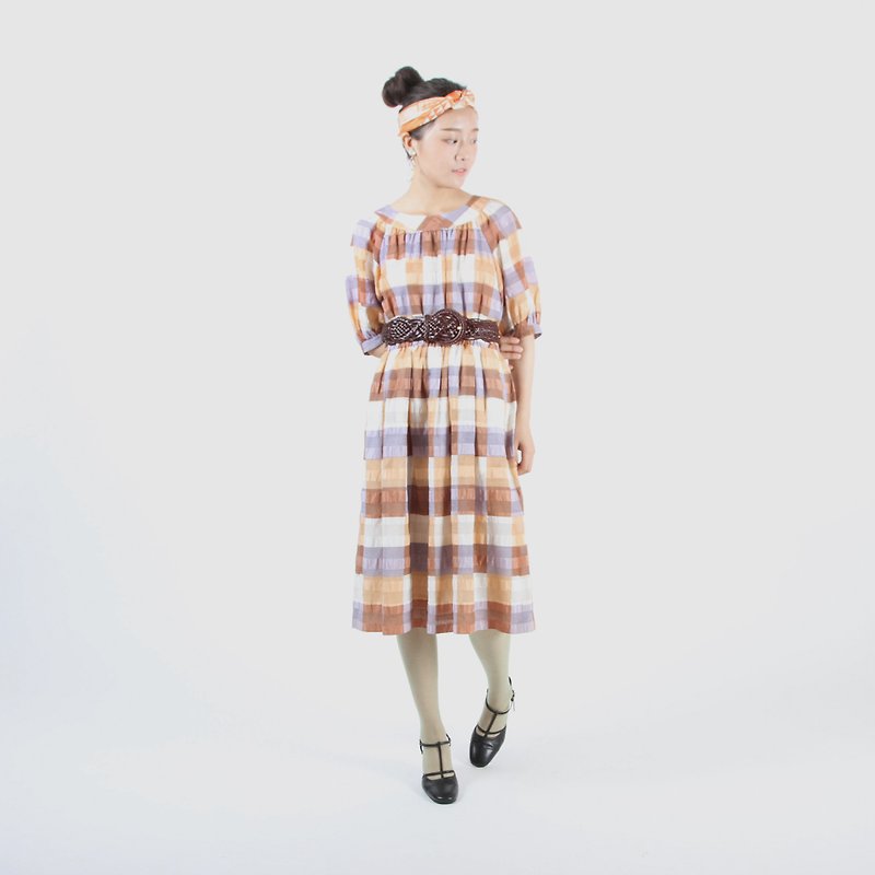 [Egg plant vintage] warm plaid print short-sleeved vintage dress - One Piece Dresses - Polyester 