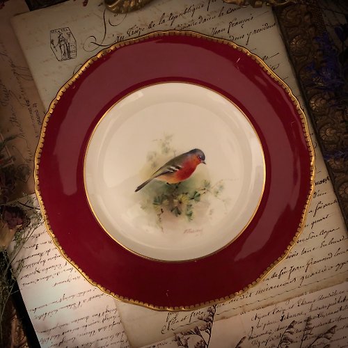 CT歐美老件古董雜貨舖 Royal Worcester 頂尖畫師E. Townsend手繪蒼頭燕雀紅釉瓷盤