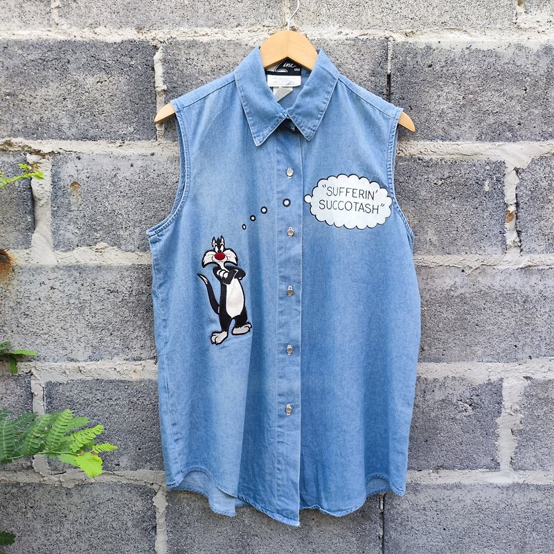 Vintage 90s Looney tunes  Sleeveless Denim Shirt Made in USA - เสื้อผู้หญิง - ผ้าฝ้าย/ผ้าลินิน สีน้ำเงิน