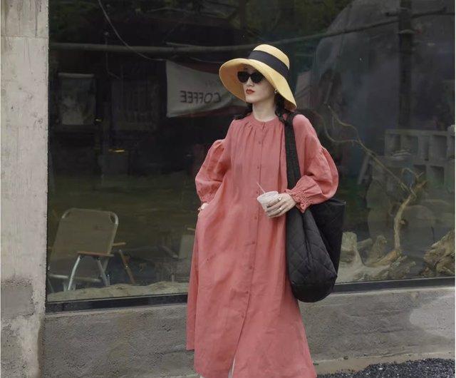 Pink Linen Peach Round Neck Long Sleeve Dress Robe Blouse - Shop