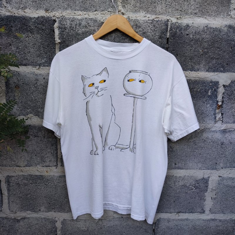 Vintage 1993 Studio Q Cat & Fish Art T-Shirt Rare - 男 T 恤 - 棉．麻 白色