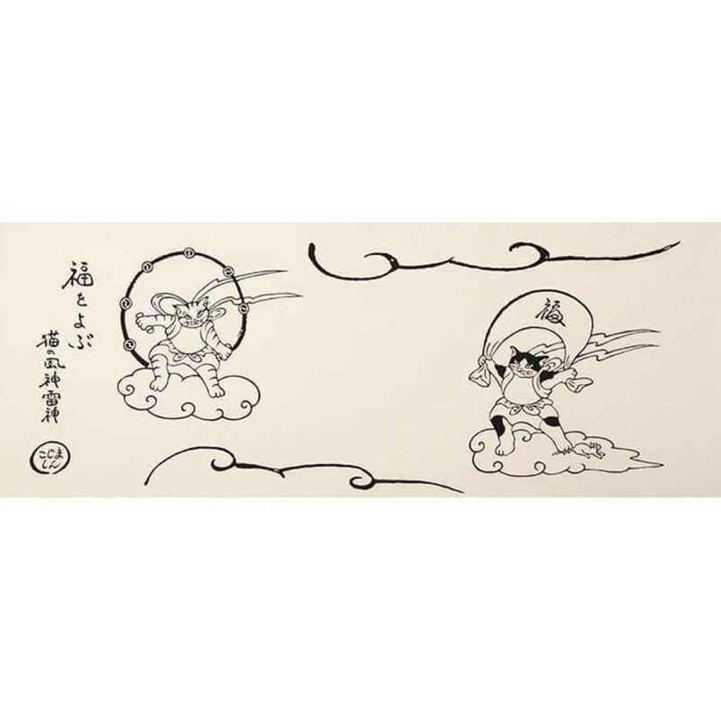 京都手拭巾-貓系列-風神雷神 - 海報/掛畫/掛布 - 棉．麻 