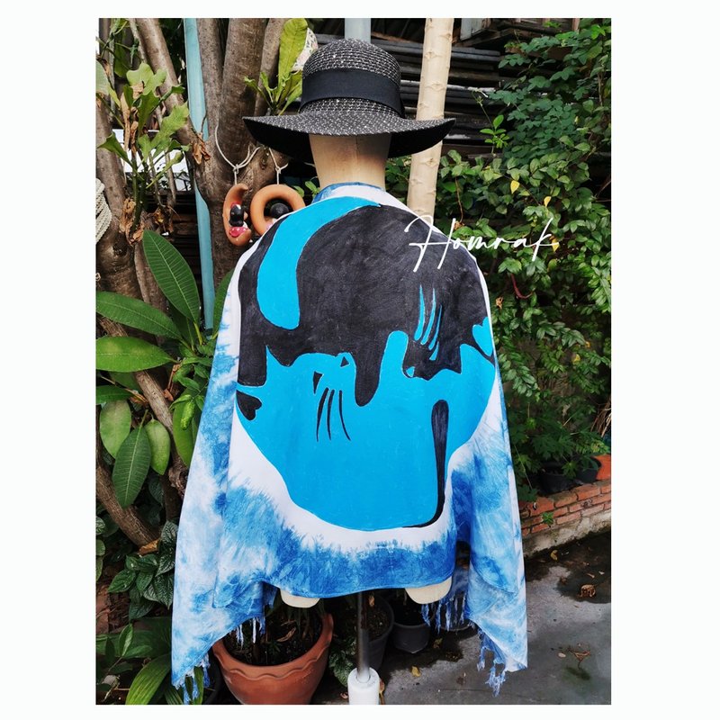 Indigo Scarf (Tie-dye and paint YINYANG CAT) - HOMRAK - 絲巾 - 棉．麻 藍色