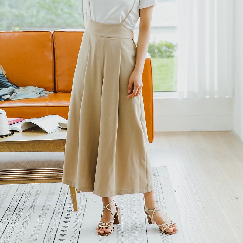 [full court specials] Anne Chen 2018 summer new style literary solid color adjustment strap wide leg pants - กางเกงขายาว - เส้นใยสังเคราะห์ สีกากี