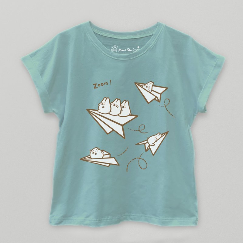 麻糬兔紙飛機T-shirt - 女 T 恤 - 棉．麻 綠色