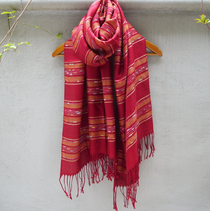 FOAK ancient dark red national striped embroidery for scarves - ผ้าพันคอ - ผ้าฝ้าย/ผ้าลินิน สีแดง