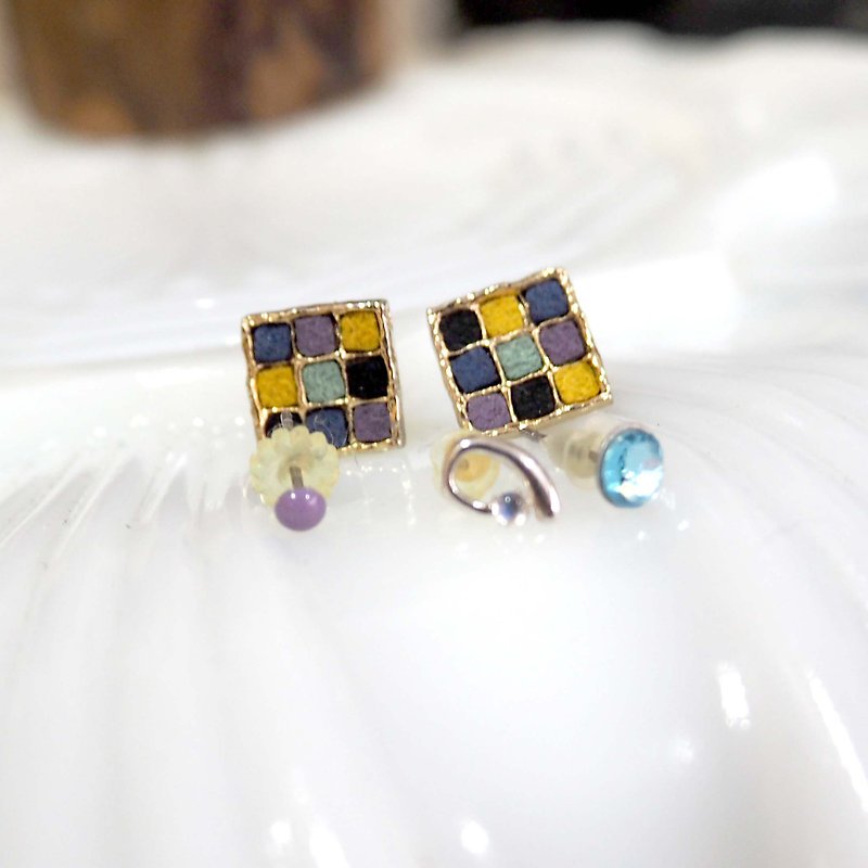 Plaid earrings and other small earrings, Clip-On, ladies and ladies, Japanese high-end second-hand vintage jewelry - Earrings & Clip-ons - Other Materials 