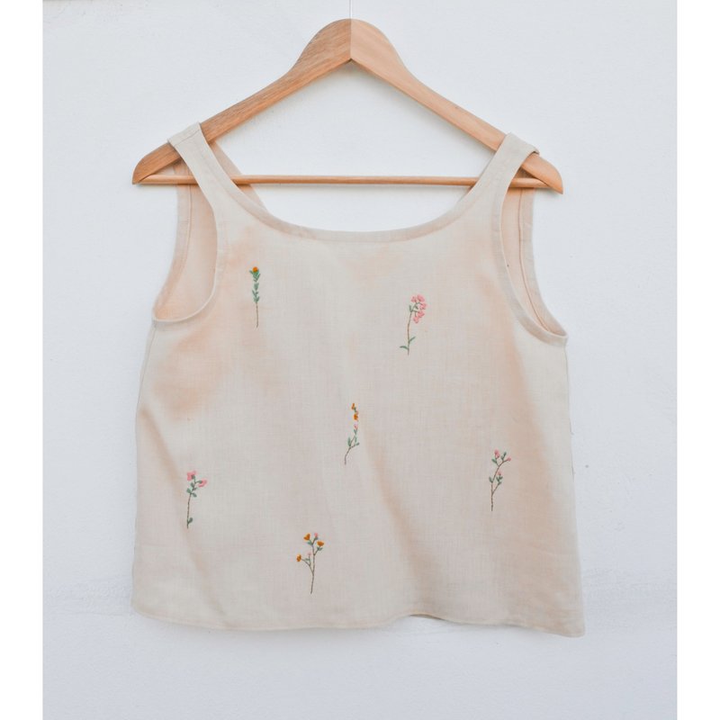 Embroidery | Linen | Cream-yellow sleeveless shirt - Women's Tops - Cotton & Hemp Yellow