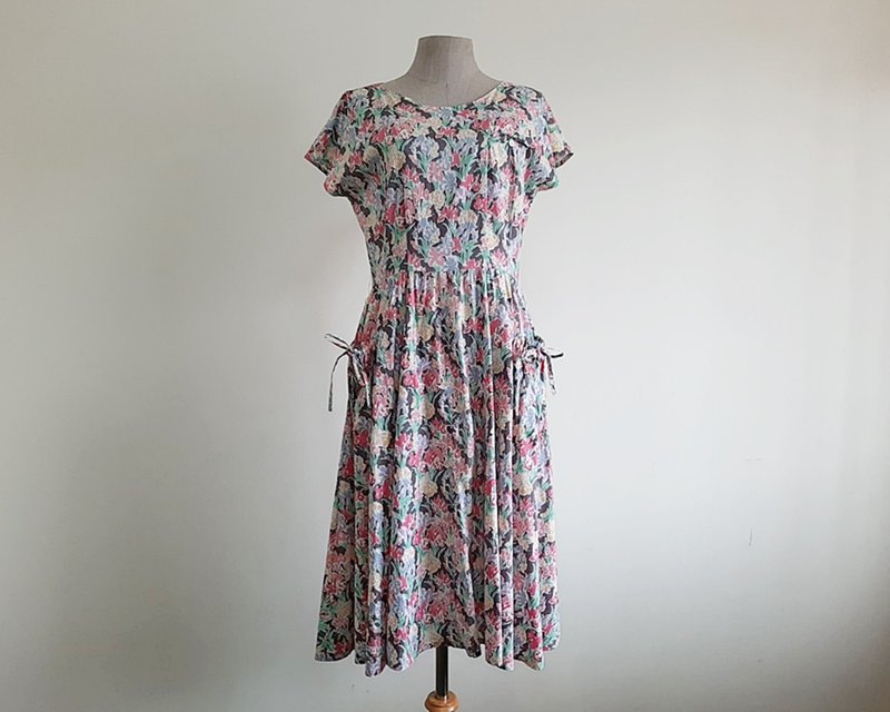 Large Vintage Brown Pink Floral Print Dress Womens Cotton Midi Dress With Pocket - 洋裝/連身裙 - 棉．麻 咖啡色