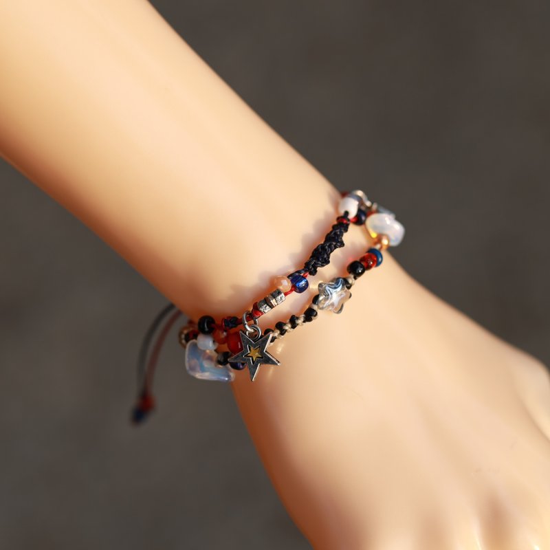 Star woven waxed cord double layered bracelet with beads and stones - 手鍊/手環 - 繡線 多色
