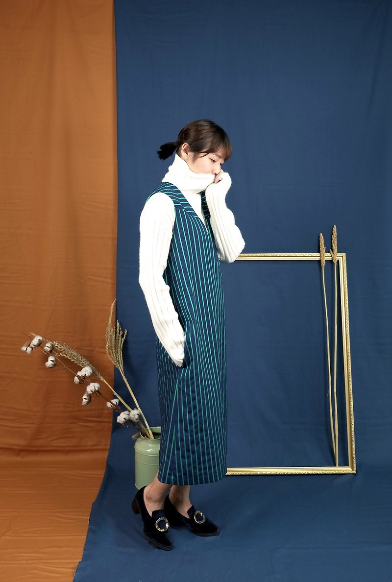 V-neck vest long dress green blue lines - One Piece Dresses - Polyester Blue