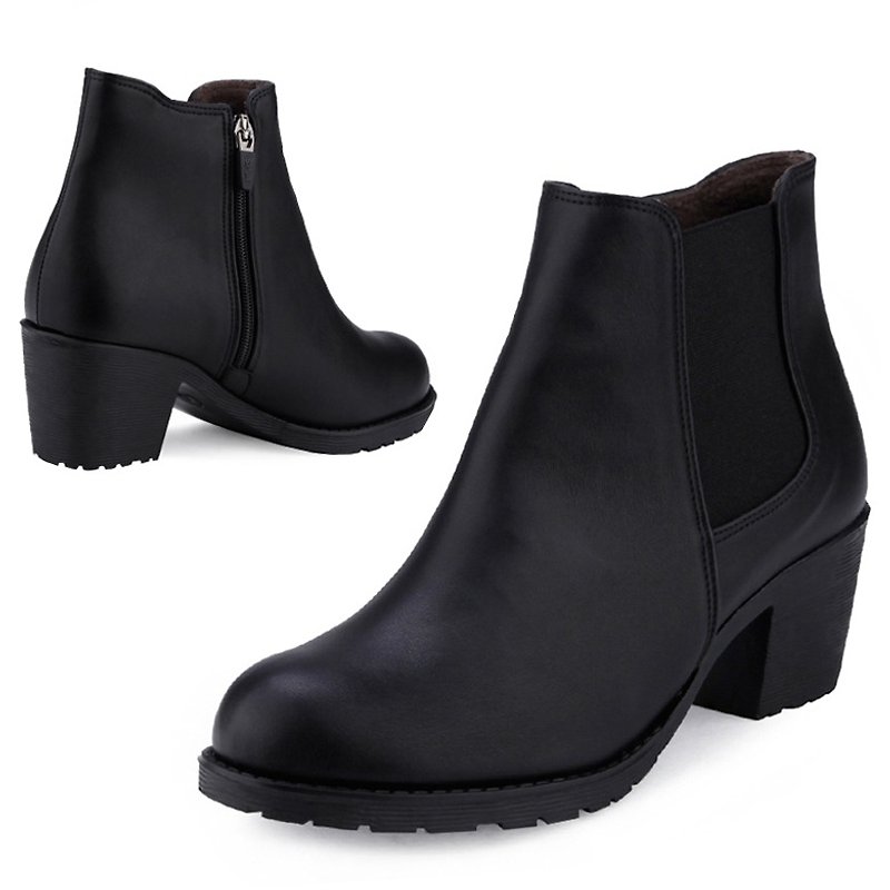 SPUR 簡約加絨高跟切爾西短靴 JF7083 BLACK - 女款短靴 - 人造皮革 黑色