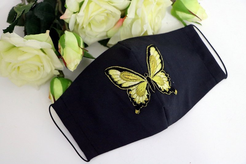 Face mask with yellow butterfly Reusable cloth mask Fashion embroidered mask - Face Masks - Cotton & Hemp Yellow