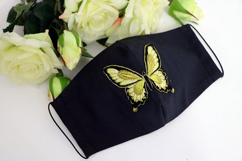 Designer beaded jewelry by Mariya Klishina Face mask with yellow butterfly Reusable cloth mask Fashion embroidered mask