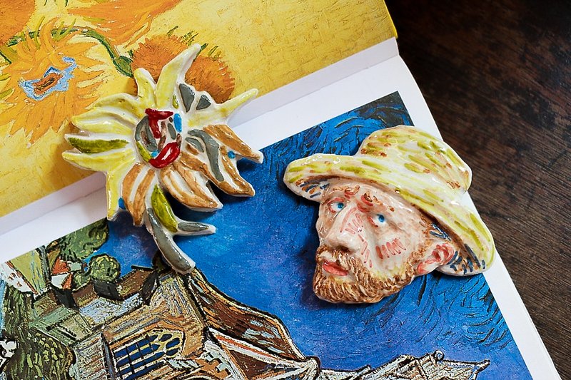 Set 01  Vangogh and His Sunflower ( Brooch / Magnet ) - Brooches - Pottery Yellow