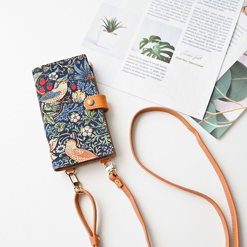 Compatible with all models Smartphone case Notebook type [Vertical hanging parts William Morris Strawberry thief] Smartphone shoulder Smartphone strap Leather Genuine leather AH06K - เคส/ซองมือถือ - หนังแท้ หลากหลายสี